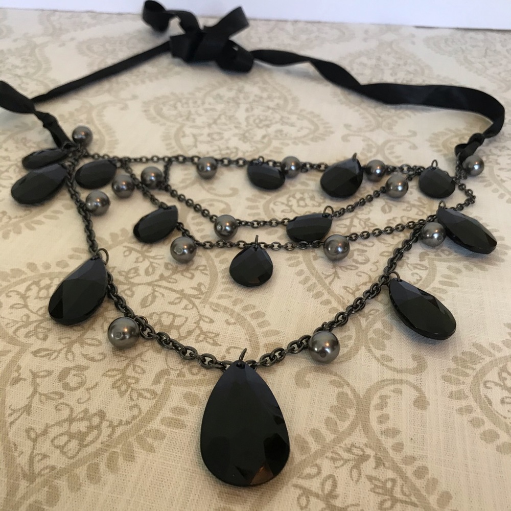 Black Ribbon Tie Silver Tone Metal Chain Black Teardrops Tiered Necklace
